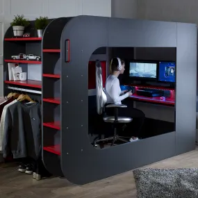 High Sleeper PodBed Small Double Gaming Bed with Built-In Desk & Open Wardrobe