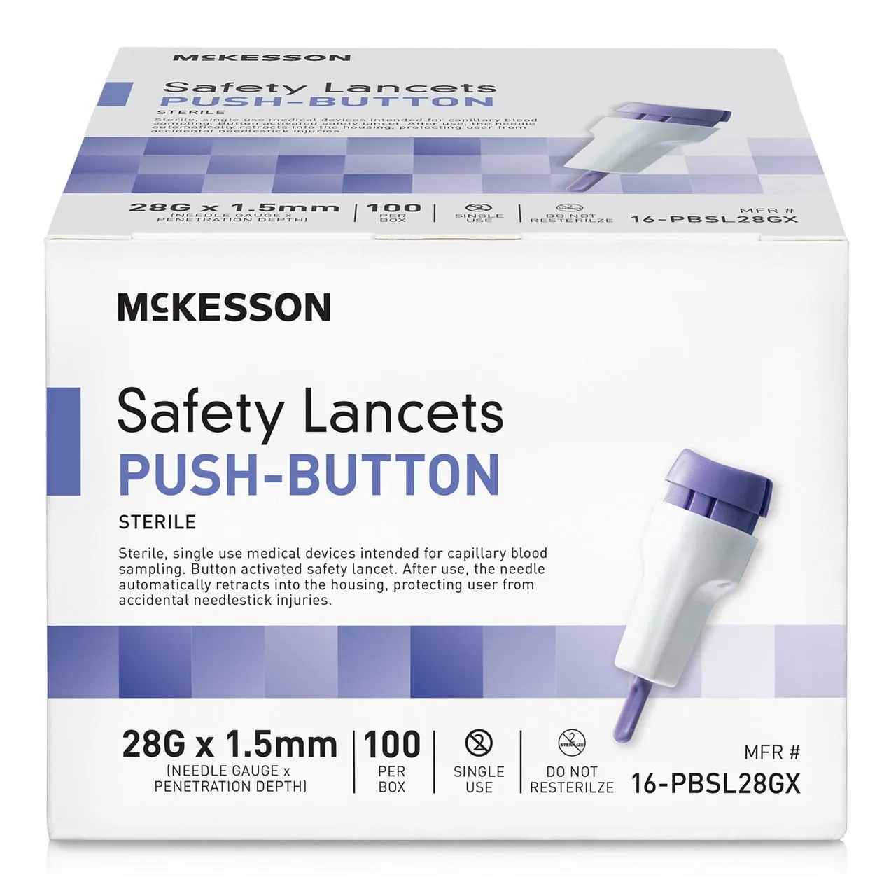 McKesson Prevent Safety Lancet Fixed Depth Lancet Needle, Push Button, 100 ct