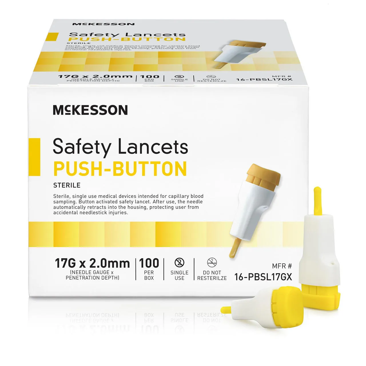 McKesson Prevent Safety Lancet Fixed Depth Lancet Needle, Push Button, 100 ct