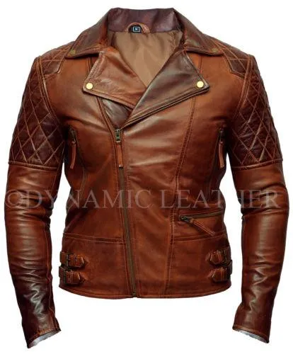 Mens Biker Classic Diamond Motorcycle Brown Distressed Vintage Leather Jacket