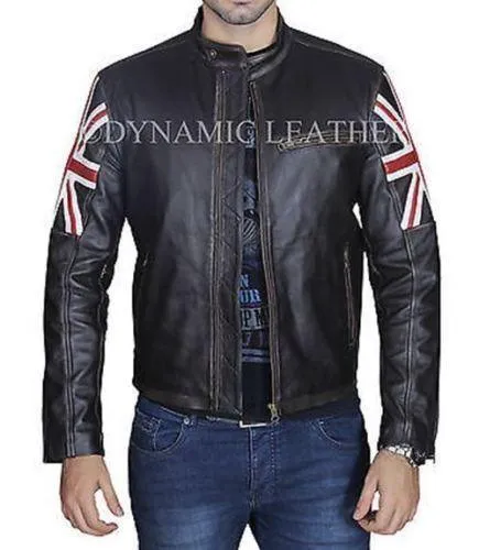 Mens Biker Vintage Distressed Brown Union Jack Cafe Racer Leather Jacket