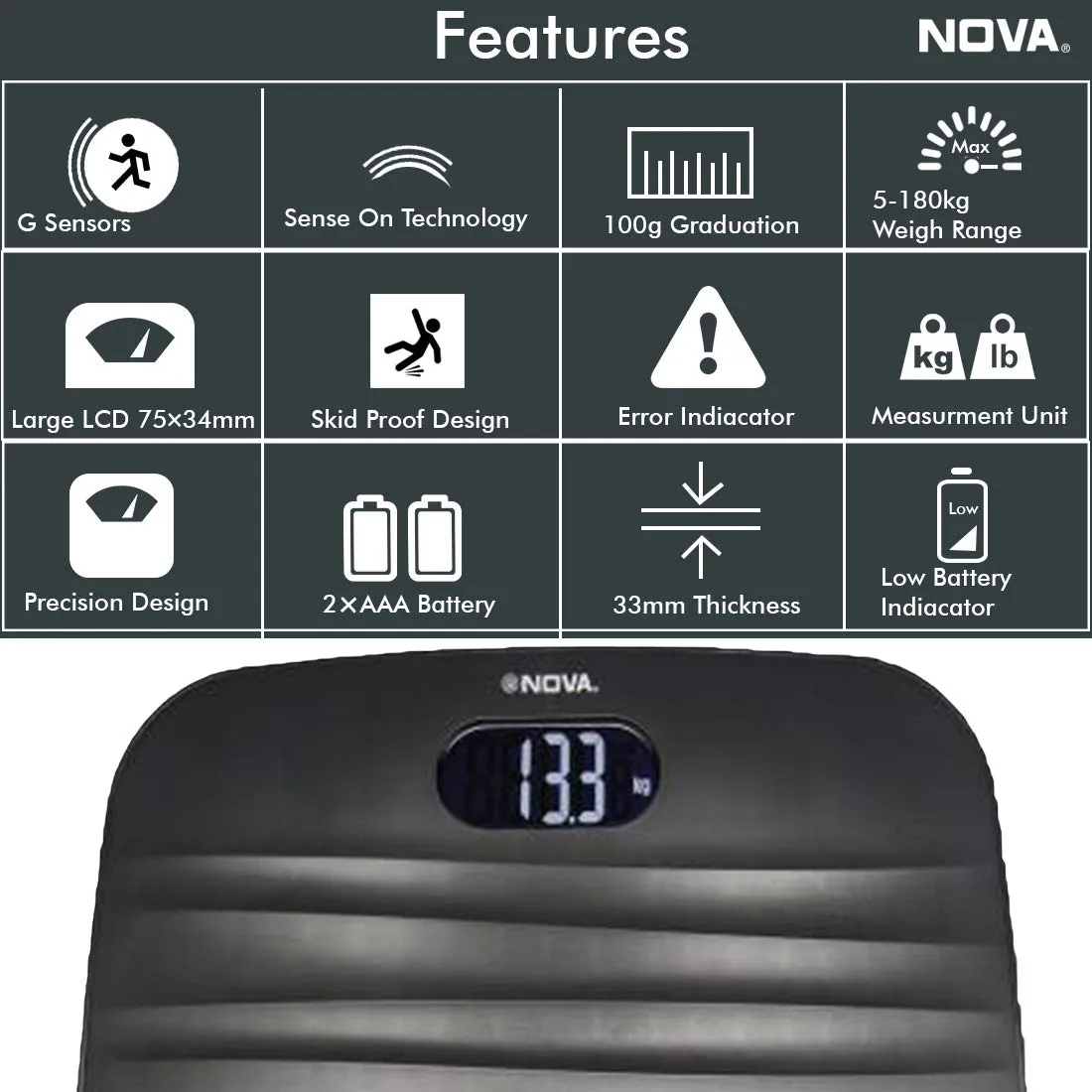 Nova BGS 1260 Ultra Lite Personal Digital Weighing Scale Black