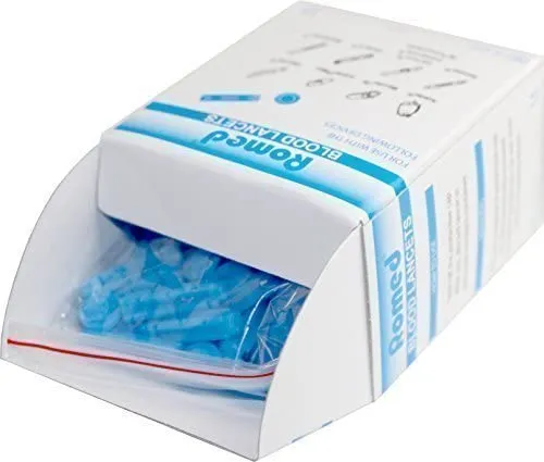 Romed Tri-Bevel Blue Blood Lancets - 100 Sterile Pieces for Precise Blood Glucose Testing