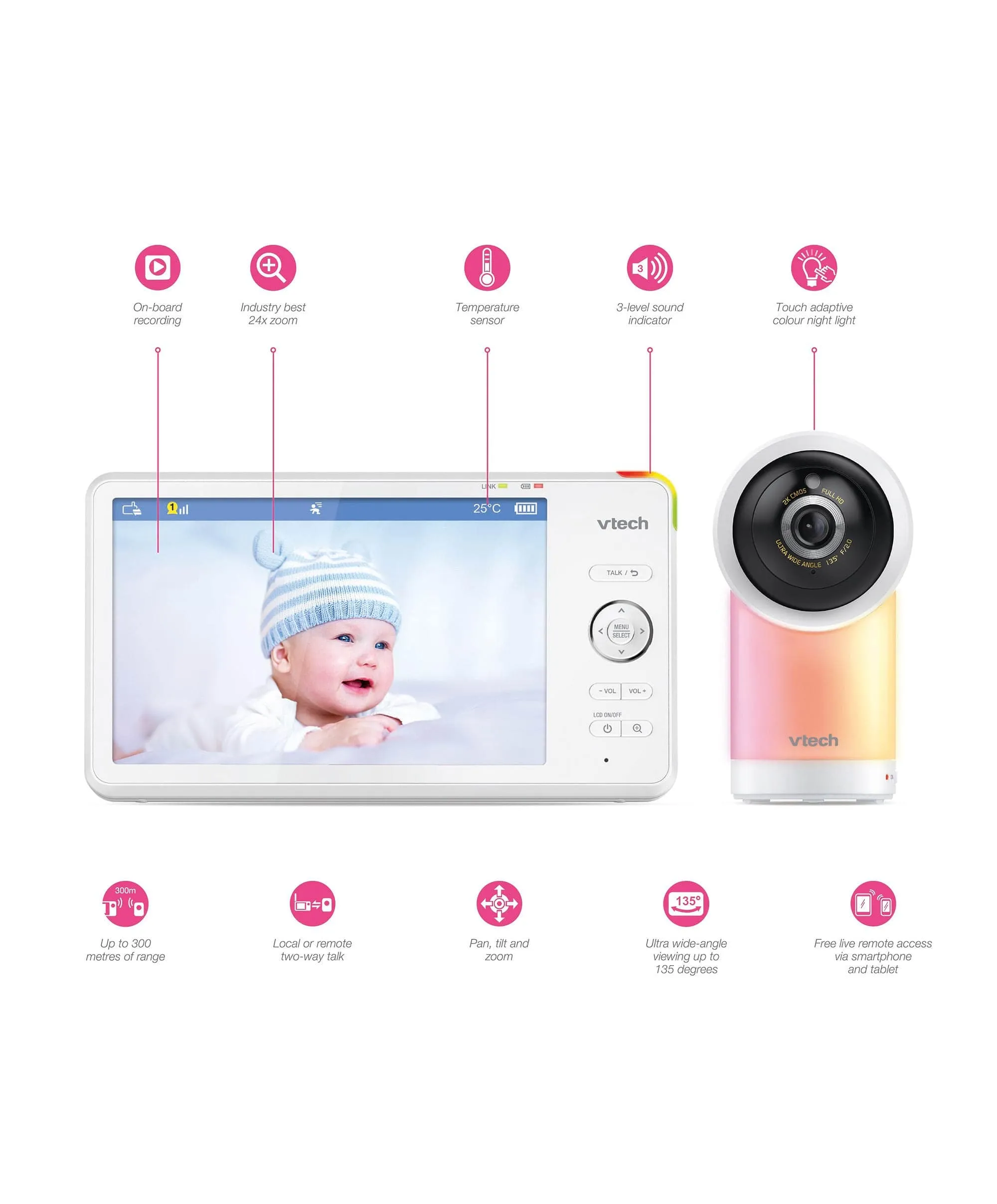 VTech RM7766HD 7 Smart Pan & Tilt Baby Monitor in White